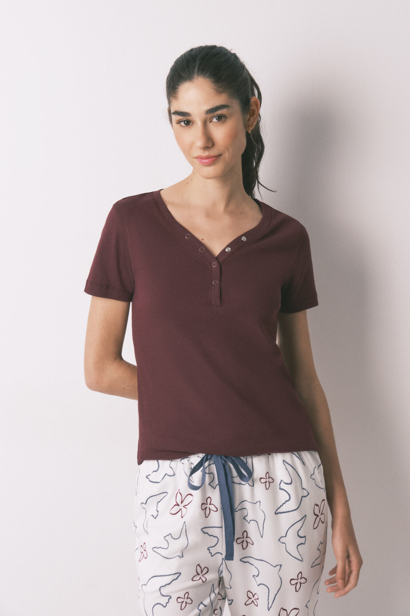 Women'secret Burgundy ribbed cotton short sleeve T-shirt