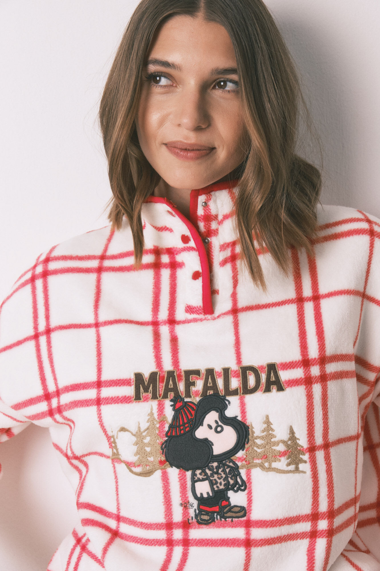 Women'secret Pijama longo de l&atilde; xadrez branco Mafalda