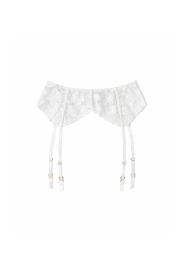 Promise White lace thong and garter set beige
