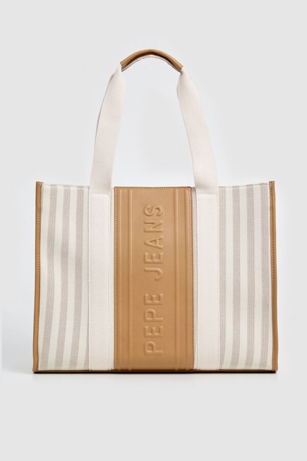 Pepe Jeans Bolso shopper lona rayas marfil