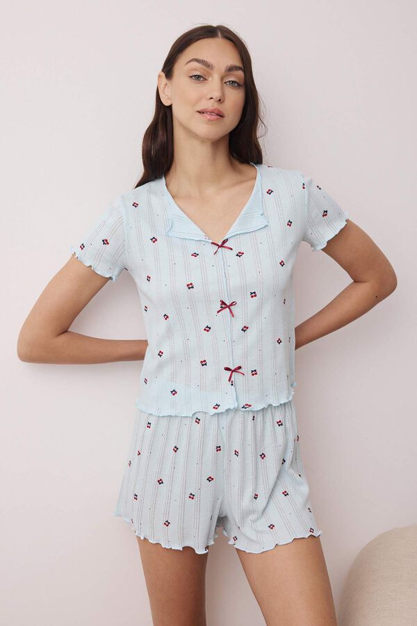 Trendyol Conjunto de pijama corto floral lazos azul