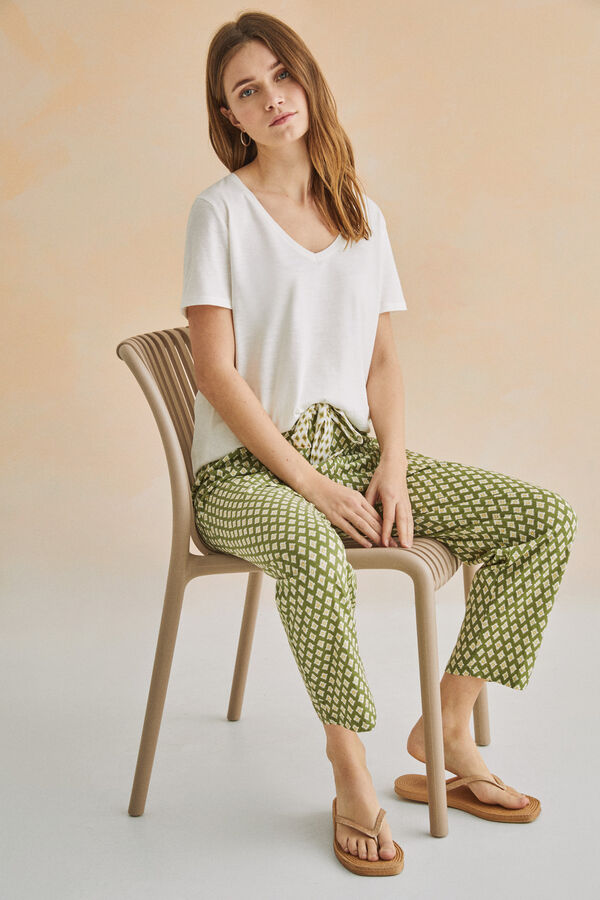 Womensecret Long printed 100% cotton carrot fit pyjama bottoms green