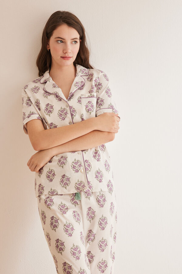 Womensecret Pijama camisero manga corta Capri flores blanco