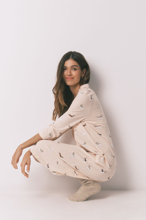 Women'secret Striped and dog print 100% cotton midi nightgown red