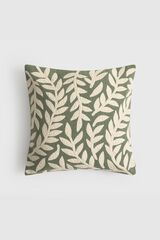 Textura Cotton cushion case with embroidered leaves green