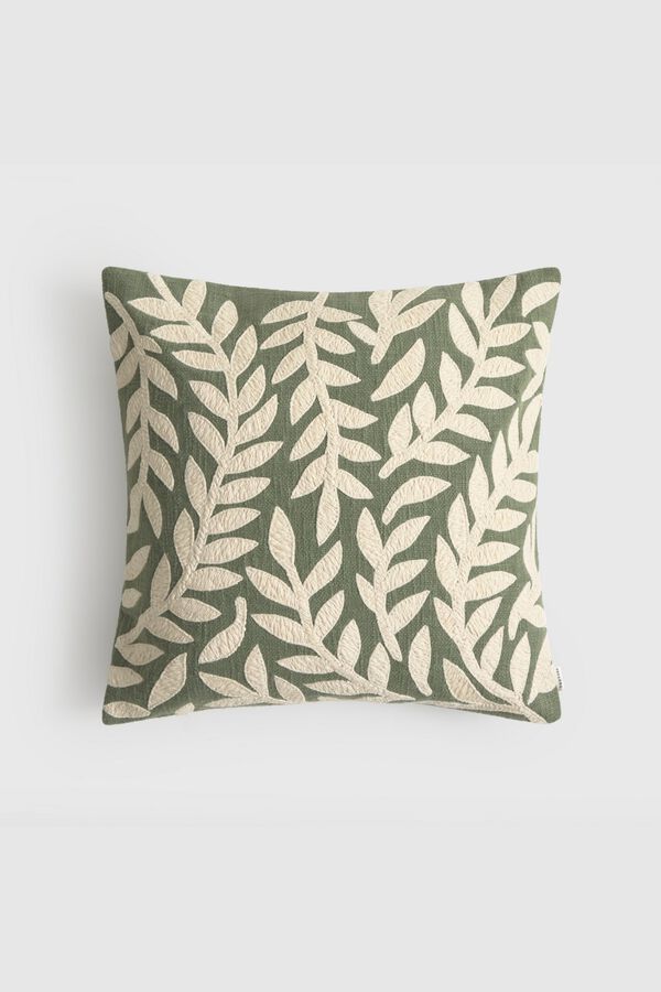 Textura Cotton cushion case with embroidered leaves green