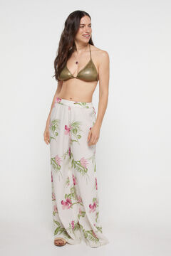 Womensecret Women's flowing trousers in 100% cotton. Floral print and elasticated waist. marron