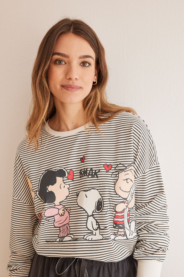Womensecret Pyjama 100 % Baumwolle Snoopy Streifen Schwarz