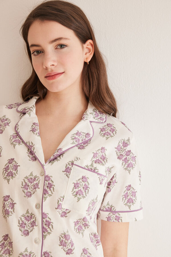Womensecret Pyjama Hemdlook kurze Ärmel Capri Blumen Weiß