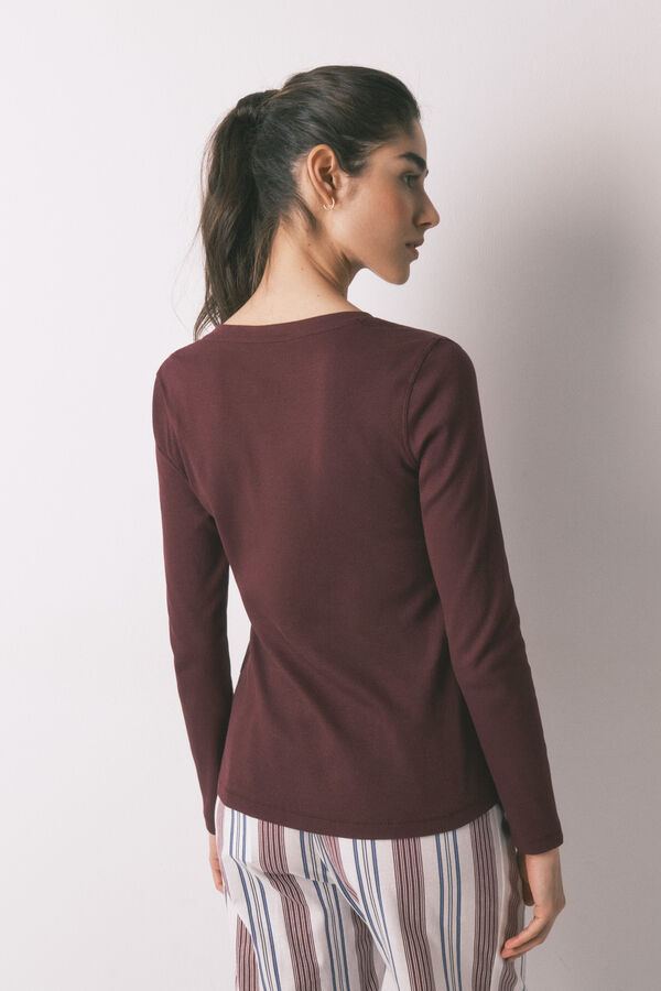 Women'secret Burgundy ribbed cotton long sleeve T-shirt red