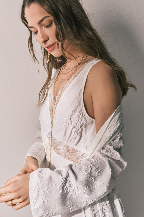 Women'secret Long satin jacquard robe in White beige