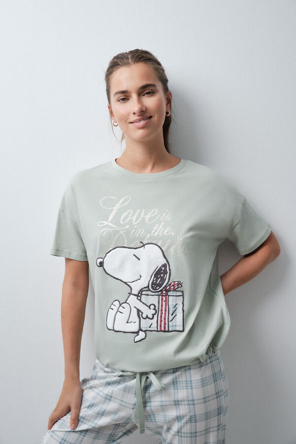 Women'secret Pidžama dugih nogavica i kratkih rukava sa Snoopy printom, karirana, pamučna Zelena