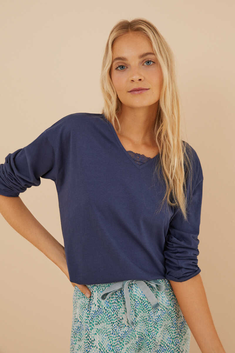 Womensecret T-shirt 100% algodão em azul-marinho com renda azul