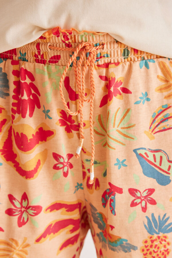 Womensecret Kratka pidžama od 100% pamuka sa tropskim dezenom Bež
