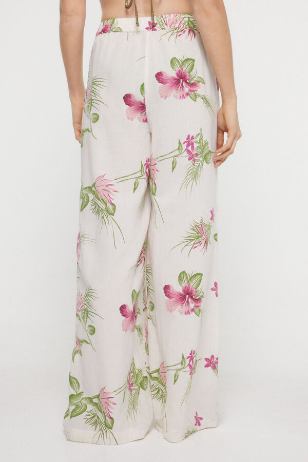 Womensecret Women's flowing trousers in 100% cotton. Floral print and elasticated waist. barna