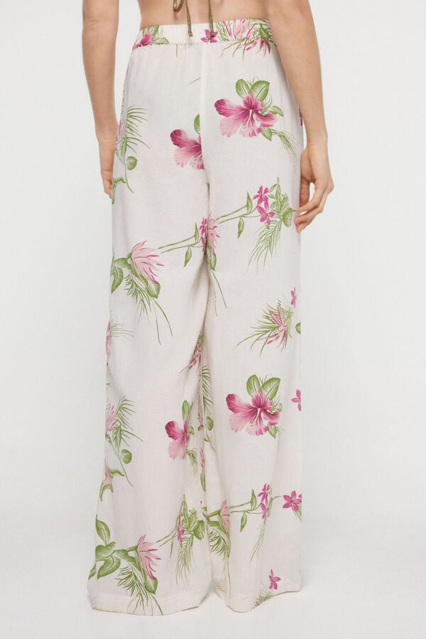 Womensecret Fließende Damenhose aus 100 % Baumwolle. Blumen-Print und Gummibund. Braun