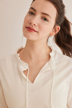 Womensecret T-shirt manches longues blanches décolleté en V 100 % coton beige