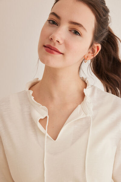 Womensecret Green 100% cotton long-sleeved V-neck top beige