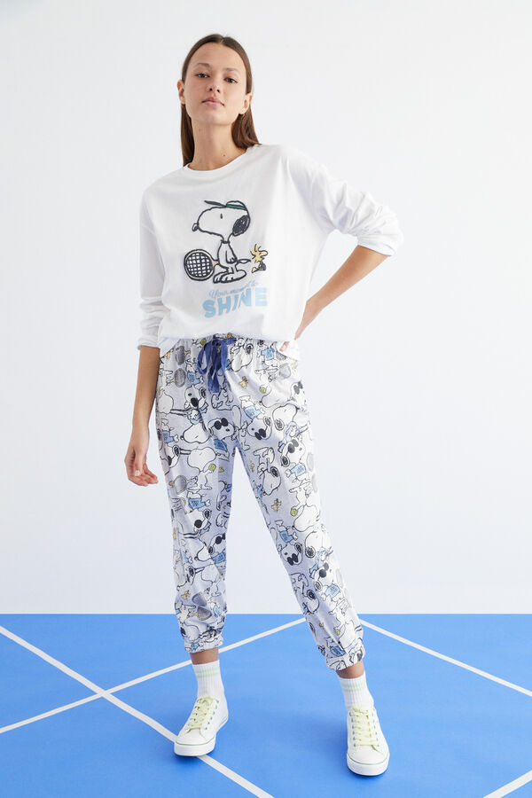 Womensecret Snoopy-mintás, hosszú fehér pizsama, 100% pamutból bézs