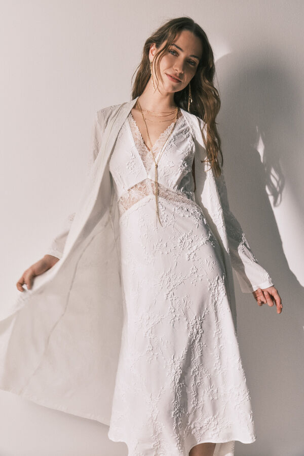 Women'secret Long satin jacquard robe in White beige