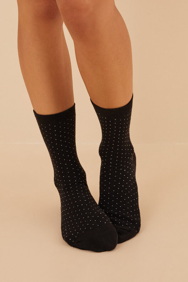 Womensecret Duge crne pamučne čarape na točkice Crna