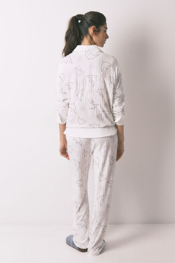 Women'secret Blue ribbed bird print long pyjamas white