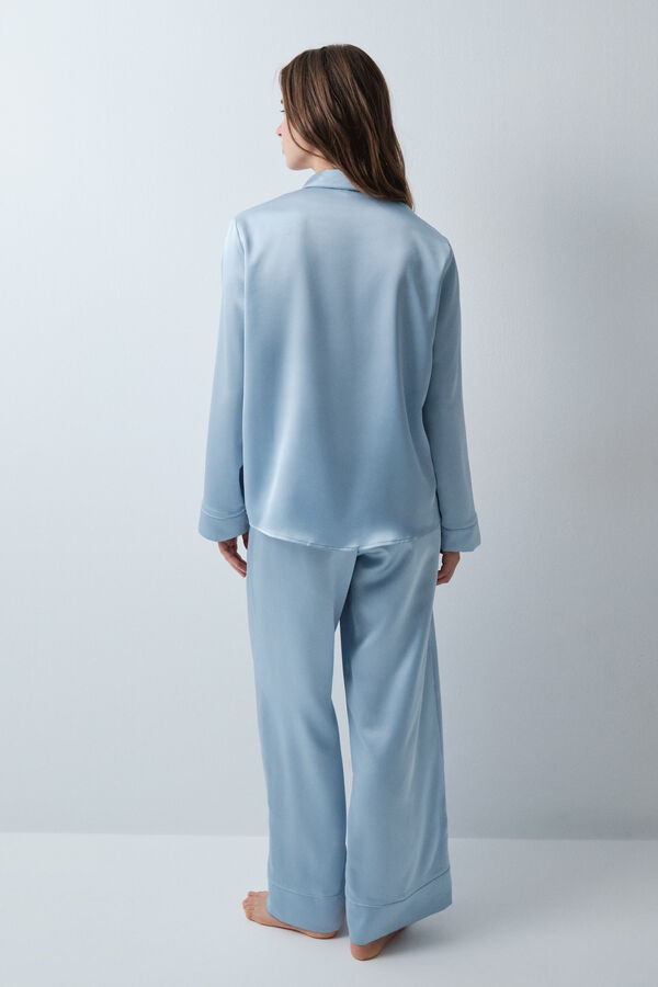 Women'secret Pijama largo camisero azul satinado azul