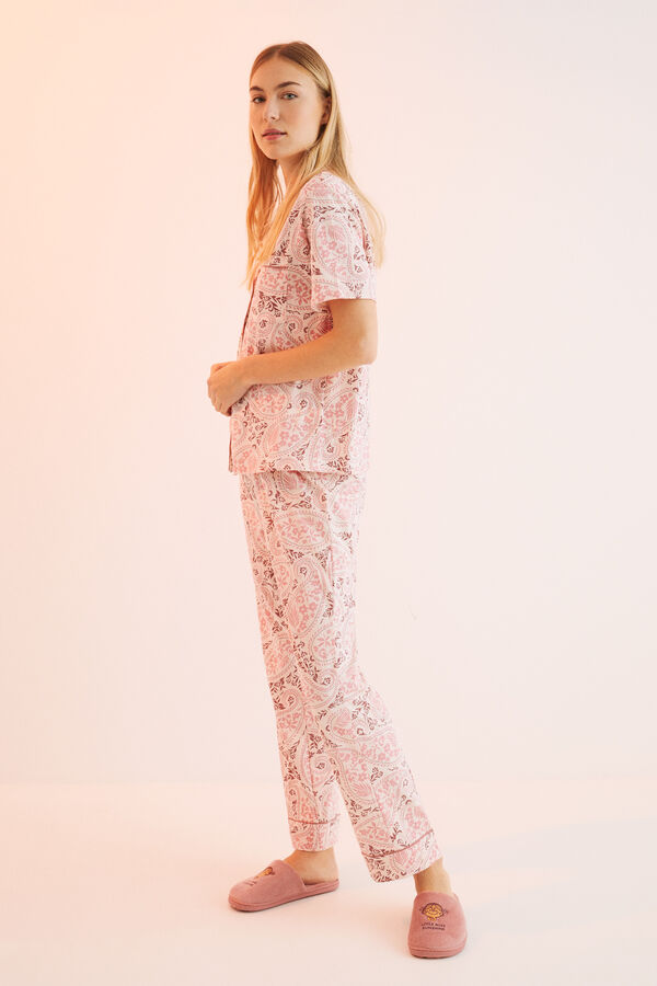 Womensecret Kasmírmintás, hosszú, inges pizsama 100% pamutból rózsaszín