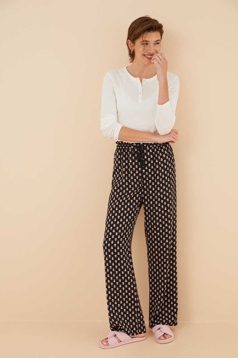 Womensecret Long flowing trousers with black stamp black