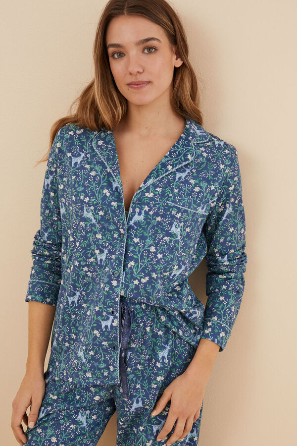Womensecret Pyjama chemise 100 % coton bleu fleurs bleu