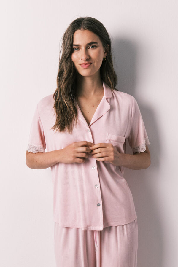 Women'secret Pijama camisero Capri viscosa y encaje rosa rosa