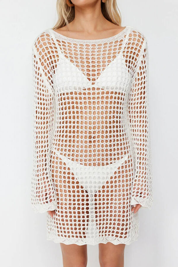 Trendyol Boat neck shift knit mini dress beige