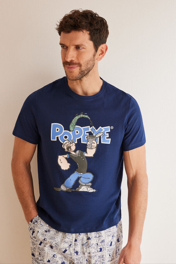 Womensecret Popeye-mintás, rövid férfi pamutpizsama, 100% pamutból kék