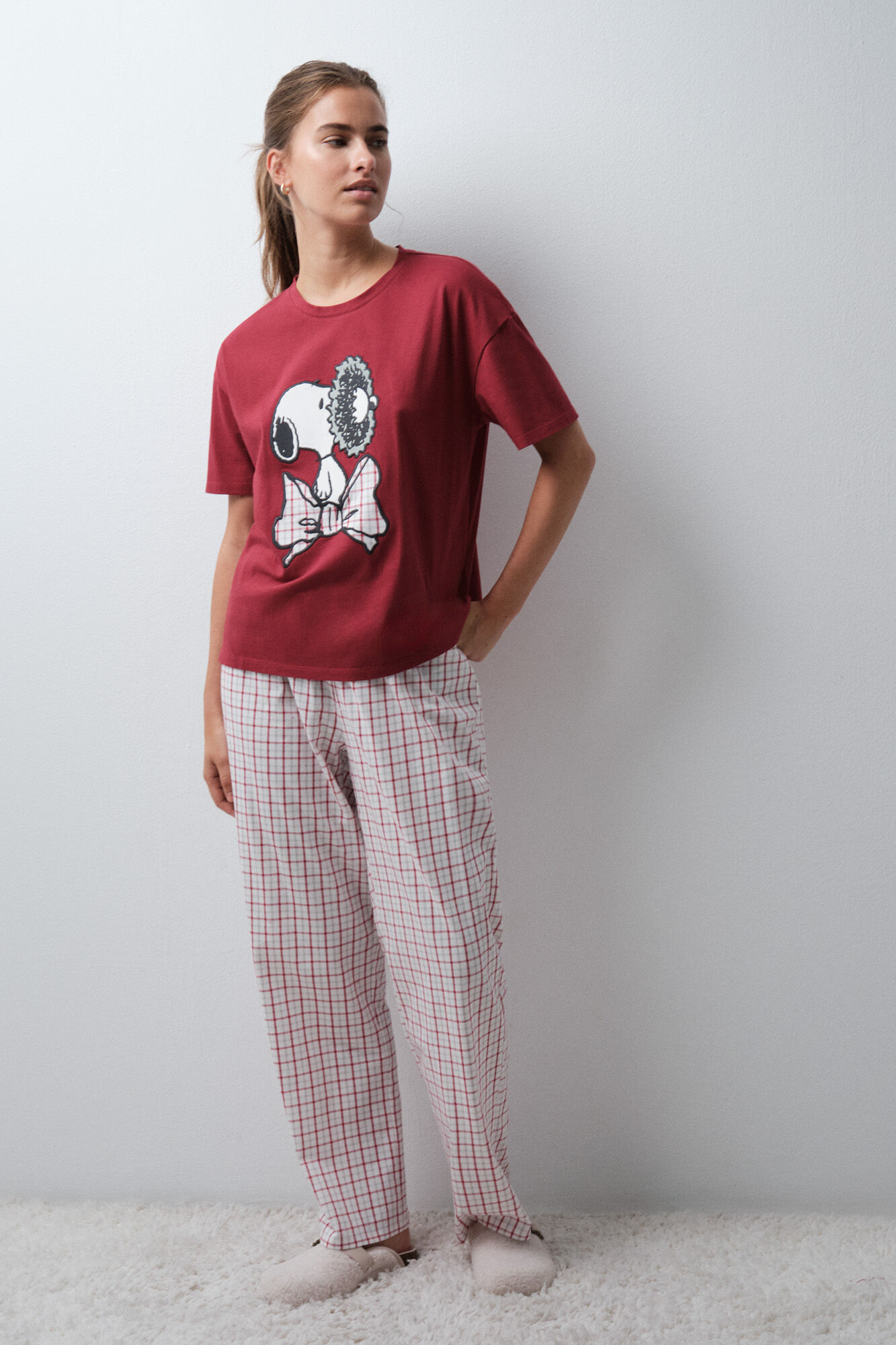 Women'secret Roter Snoopy-Pyjama lang&auml;rmelig kariert aus Baumwolle