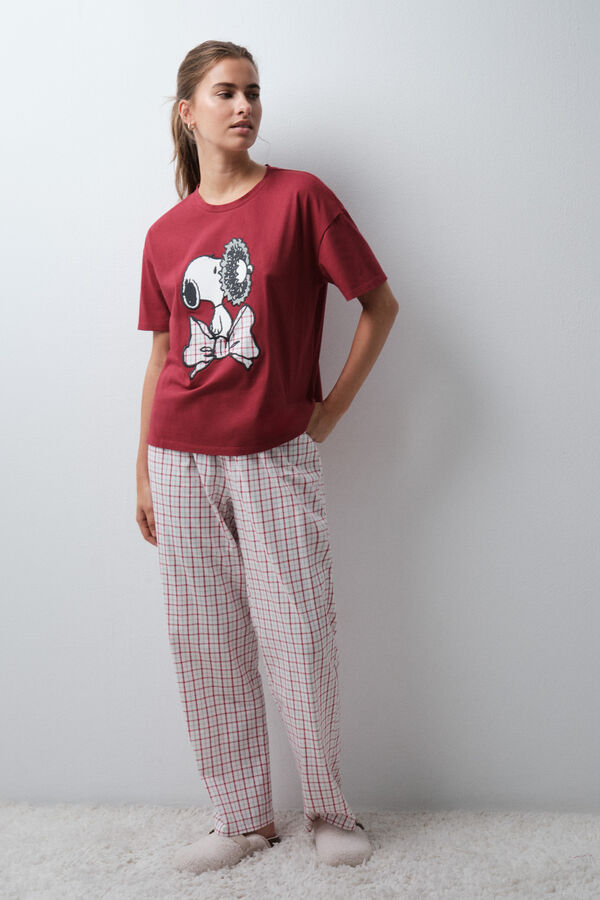 Women'secret Red cotton plaid Snoopy short sleeve long pyjamas printed