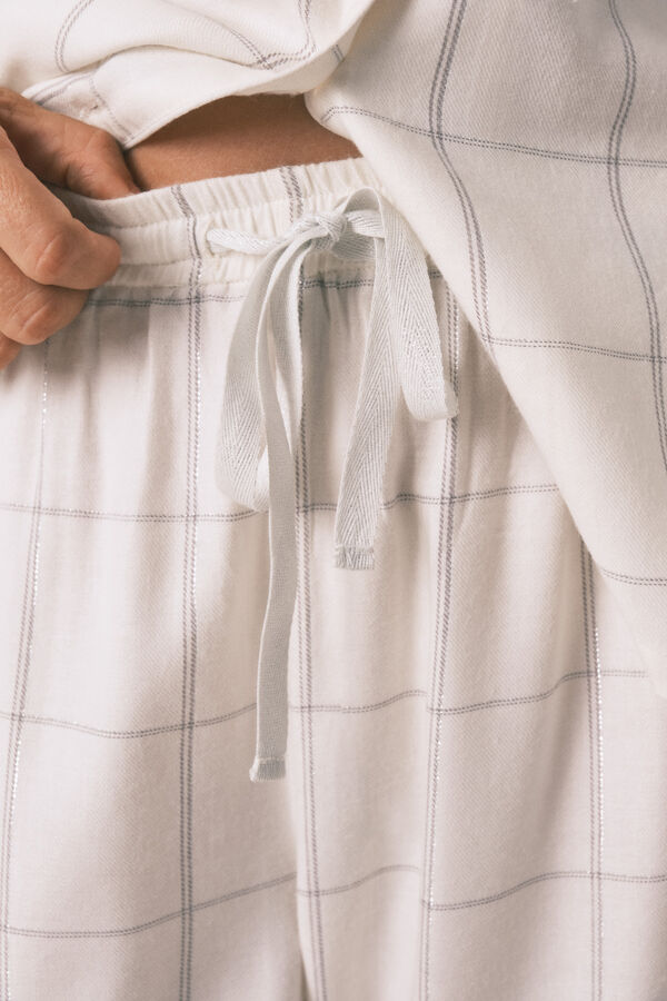 Women'secret Pijama camiseiro de flanela de algodão branca com estampa xadrez bege