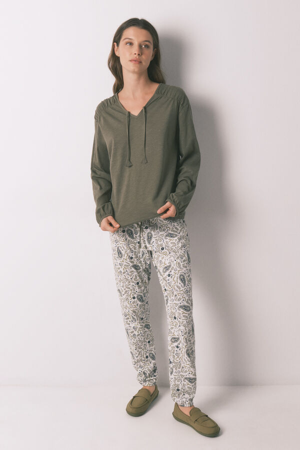 Women'secret Green cotton ruched long sleeve T-shirt beige