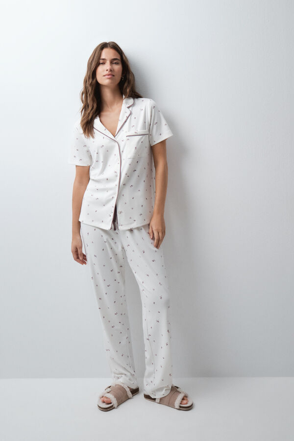 Women'secret Pyjama long chemise manches courtes &agrave; fleurs beige