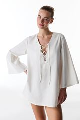 Penti Vestido corto de manga larga escote cord&oacute;n blanco