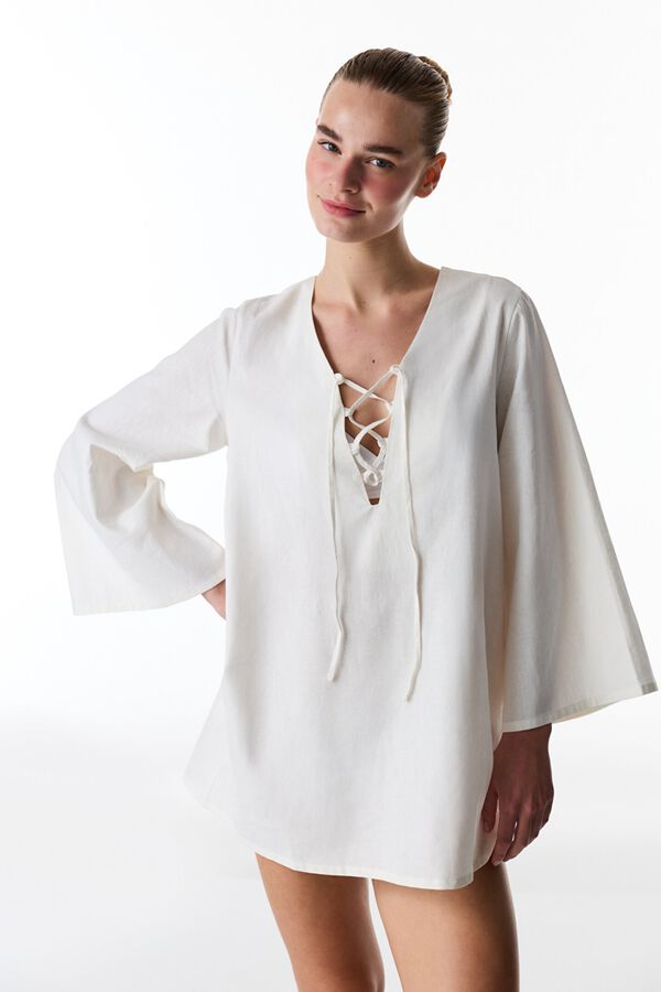 Penti Vestido corto de manga larga escote cord&oacute;n blanco