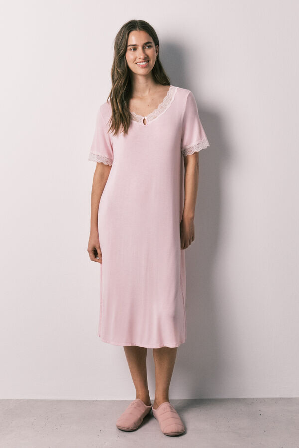 Women'secret Roze midi spavaćica od viskoze i čipke Roze
