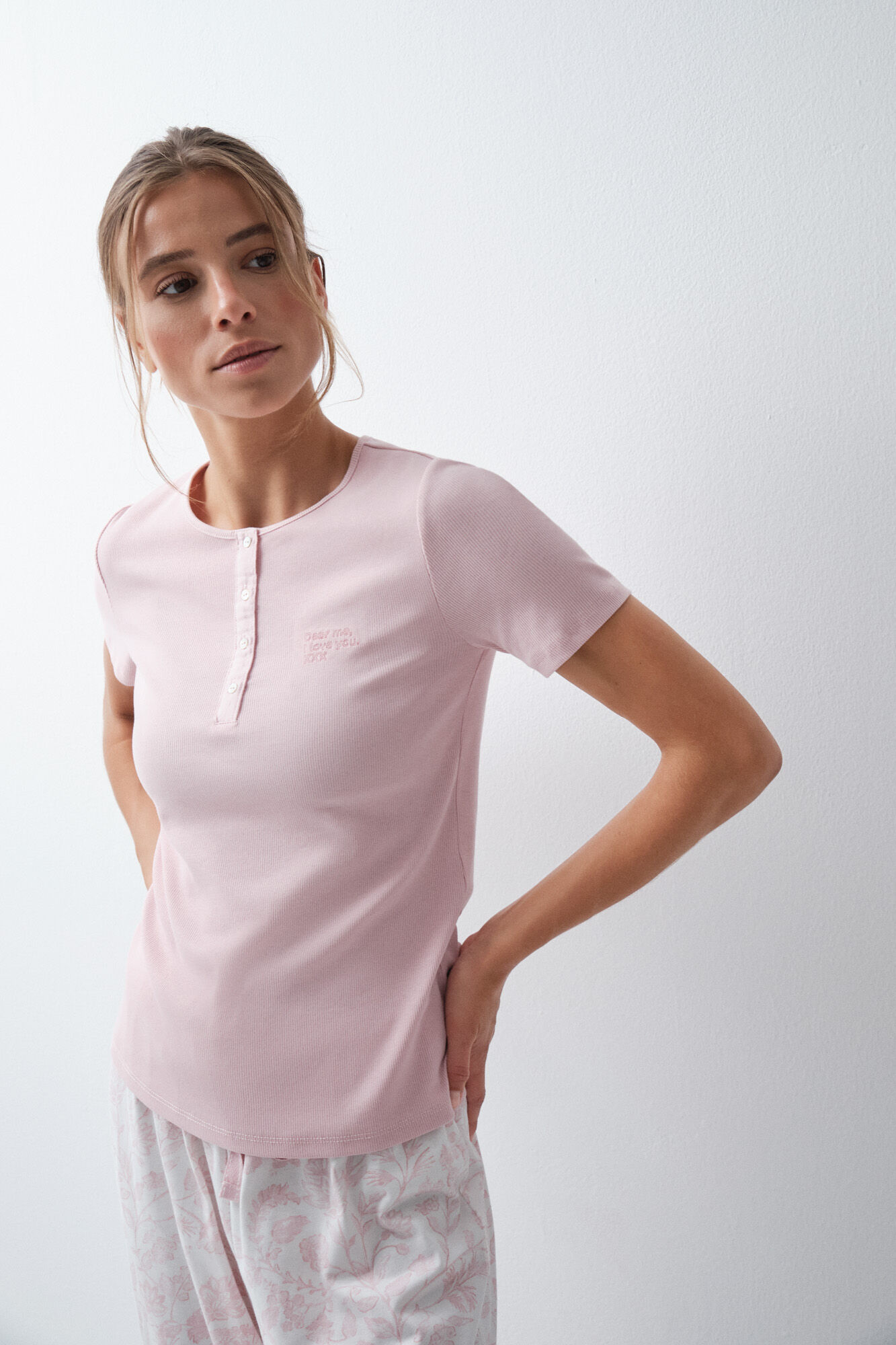 Women'secret Pyjama long &agrave; manches courtes en coton &agrave; fleurs rose
