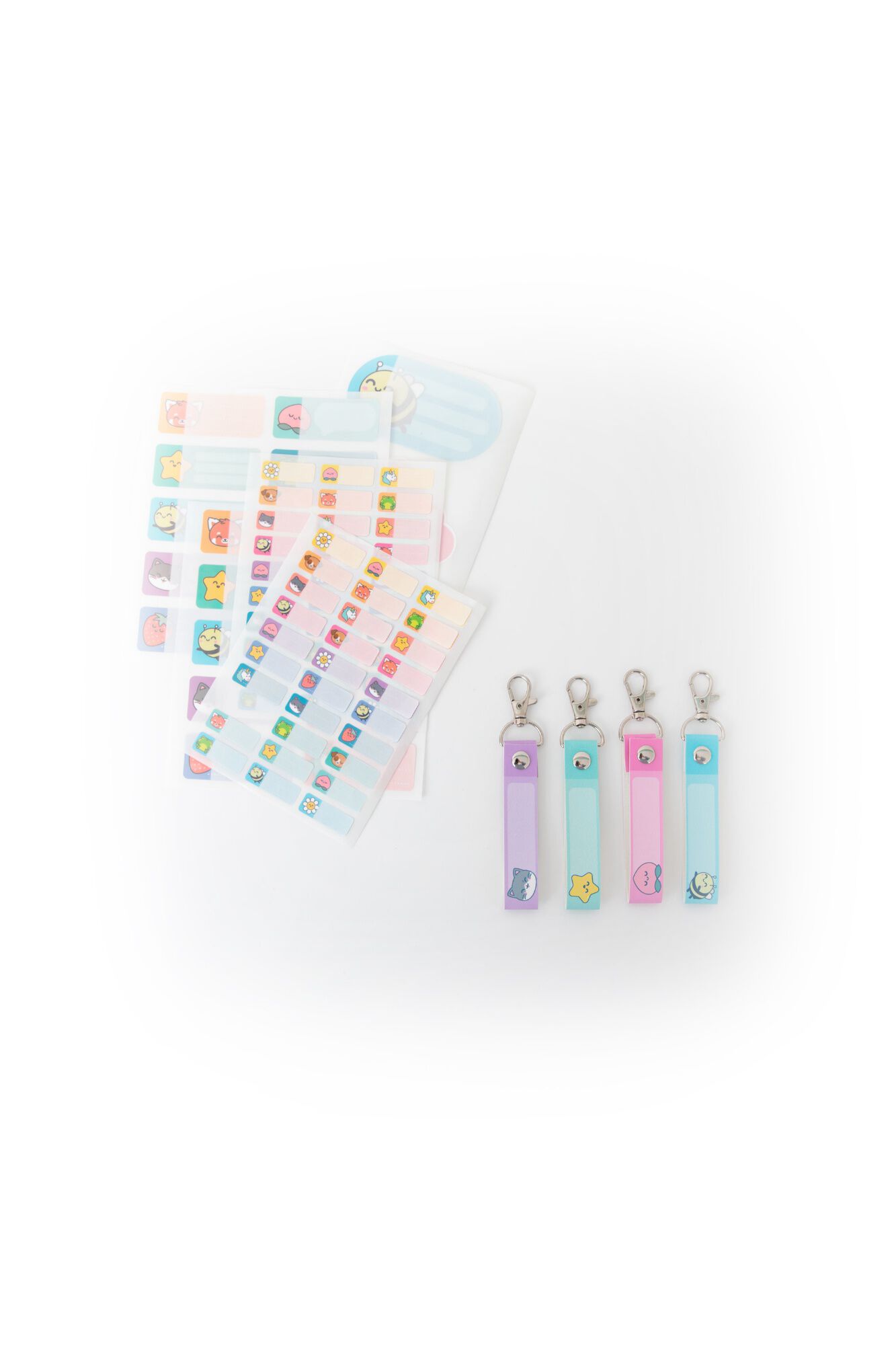 Mr. Wonderful Set de personaliza&ccedil;&atilde;o escolar: Stickers e lanyards - Abelha, p&ecirc;ssego, gato e estrela.