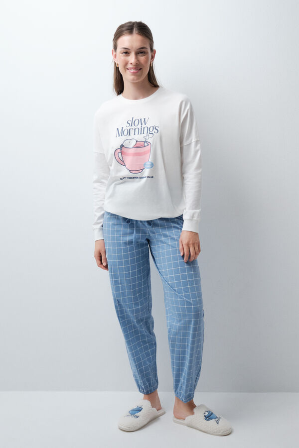 Women'secret Plaid cotton long pyjamas Snoopy beige