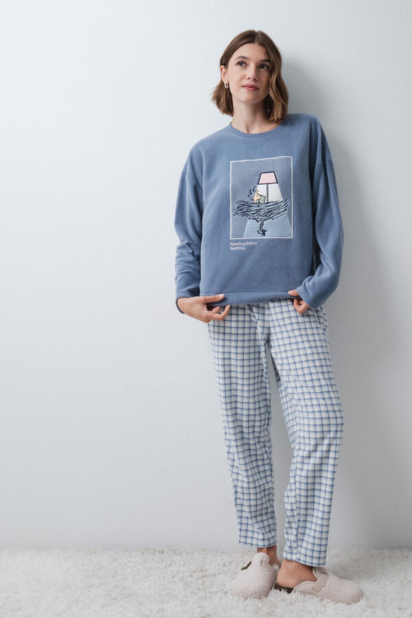 Women'secret Pyjama long polaire &agrave; carreaux Snoopy bleu