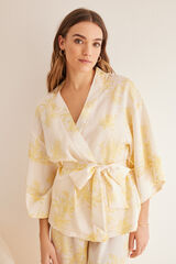 Womensecret Conjunto pijama 3 peças cetim amarelo estampado