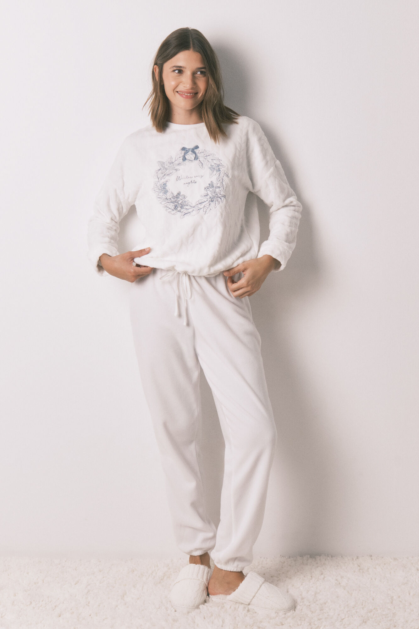 Women'secret Long pyjamas soft white fleece pajamas