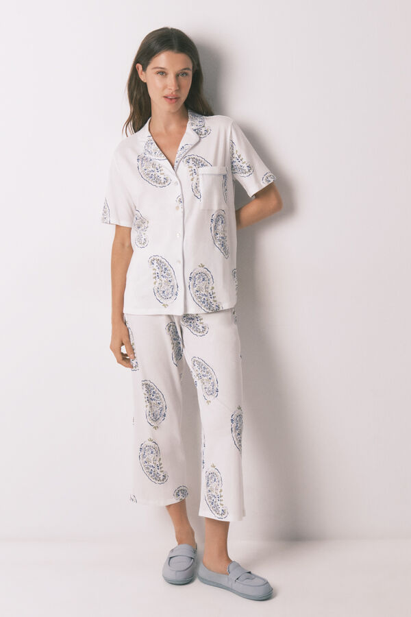 Women'secret Blue cotton Paisley classic pyjamas white