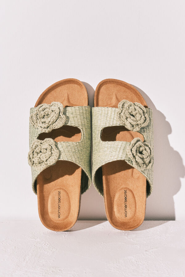 Women'secret Green raffia crochet flower bio sandals beige