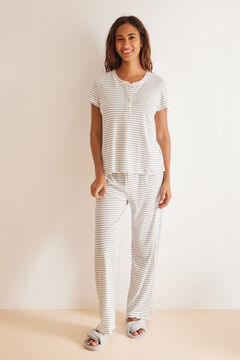 Womensecret Langer schwarz-weiß Streifen Pyjama Naturweiß